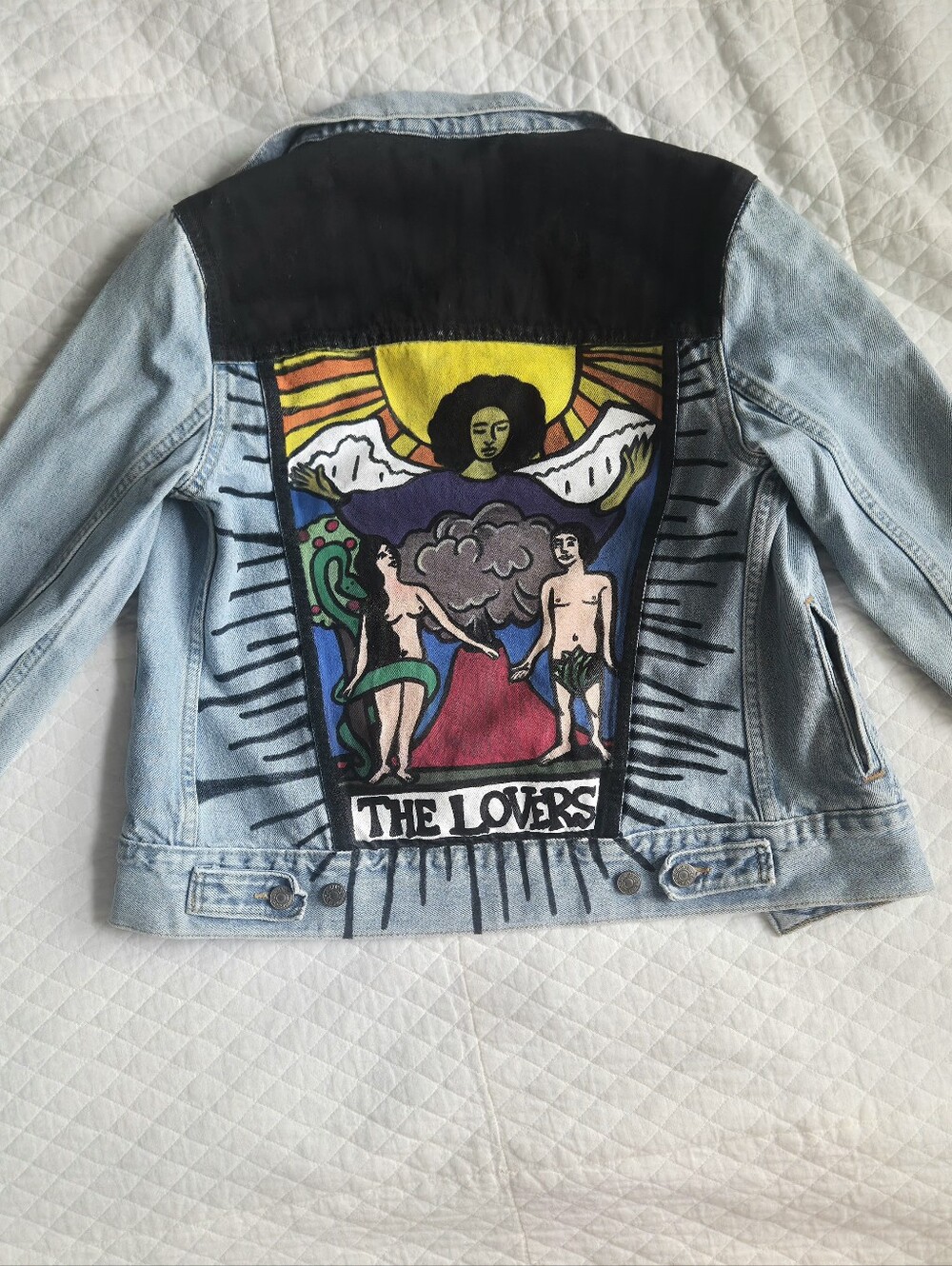 Hand-Painted Light Blue Denim Jacket with The Lovers Artwork